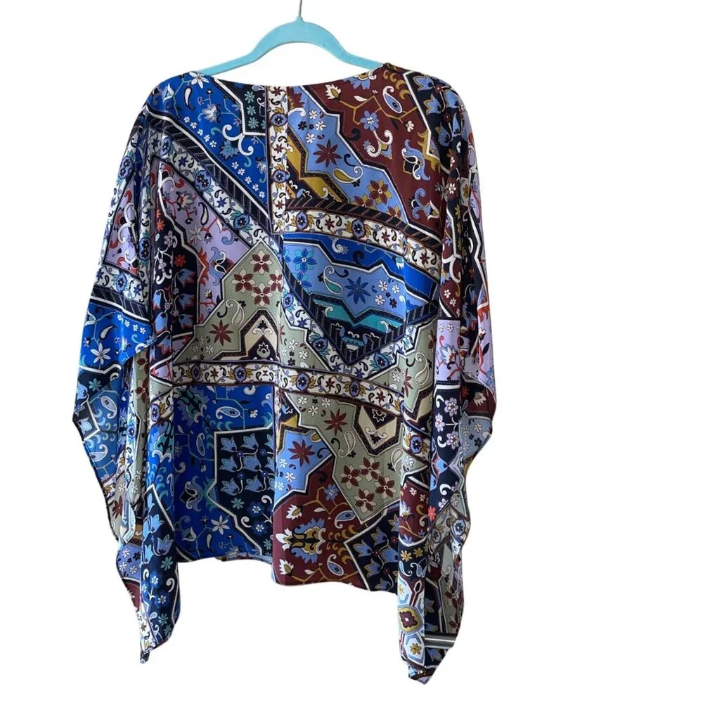 Johnny Was Womens Size L Multicolor Boho Round Kimono Sleeve Silk Caftan Blouse - Picture 9 of 11